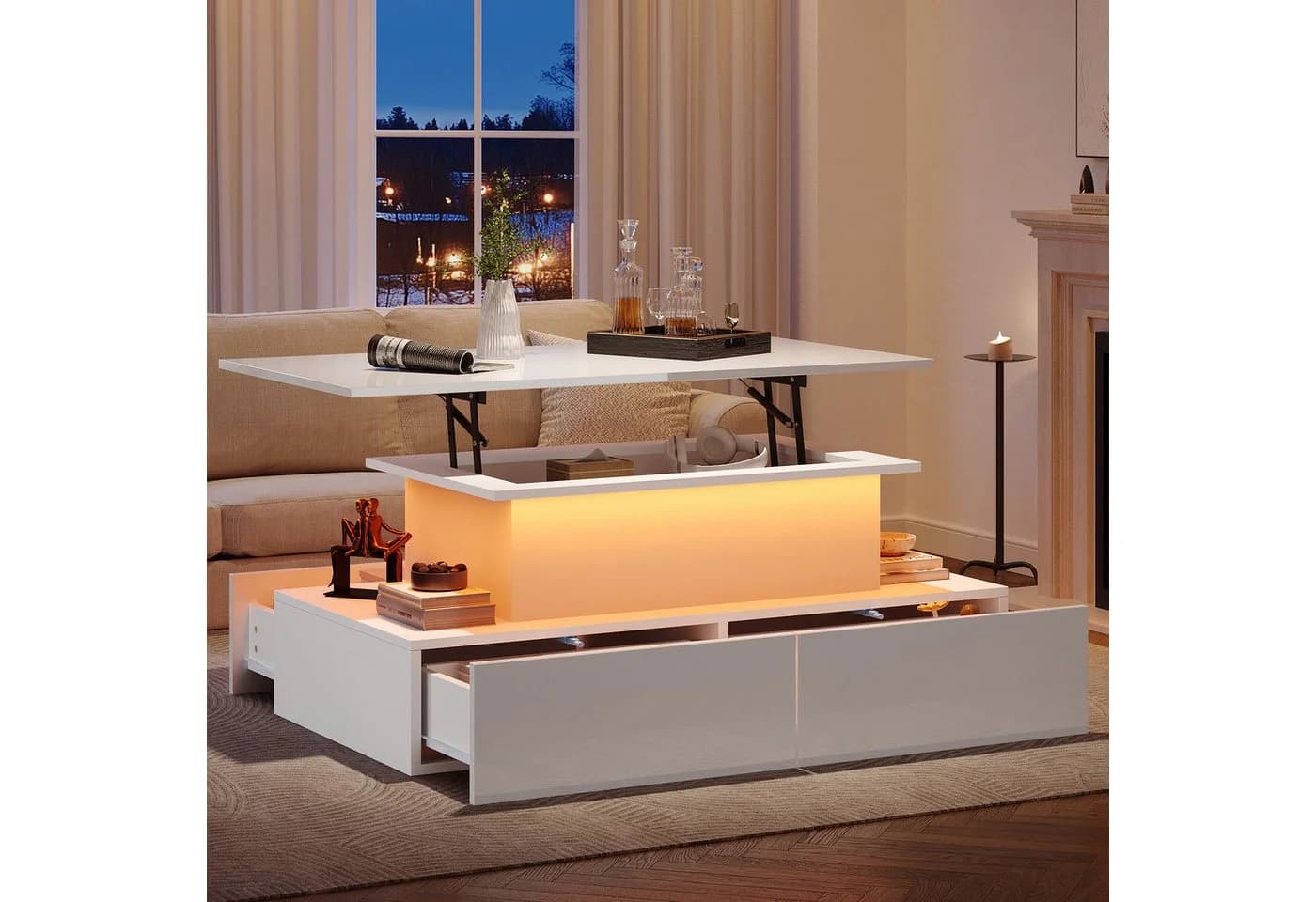 OKWISH Couchtisch mit Stauraum und LED-Beleuchtung Weiß - Bild 2