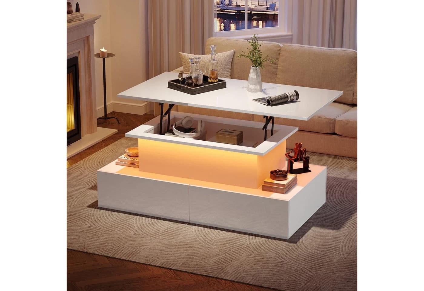 OKWISH Couchtisch mit Stauraum und LED-Beleuchtung Weiß - Bild 3