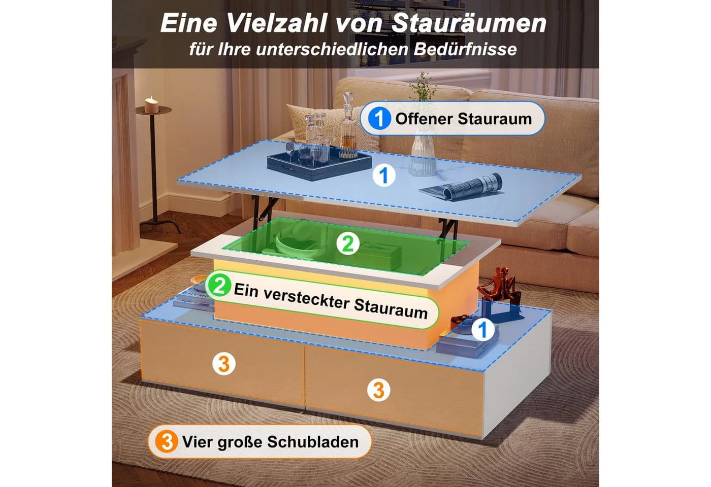 OKWISH Couchtisch mit Stauraum und LED-Beleuchtung Weiß - Bild 4