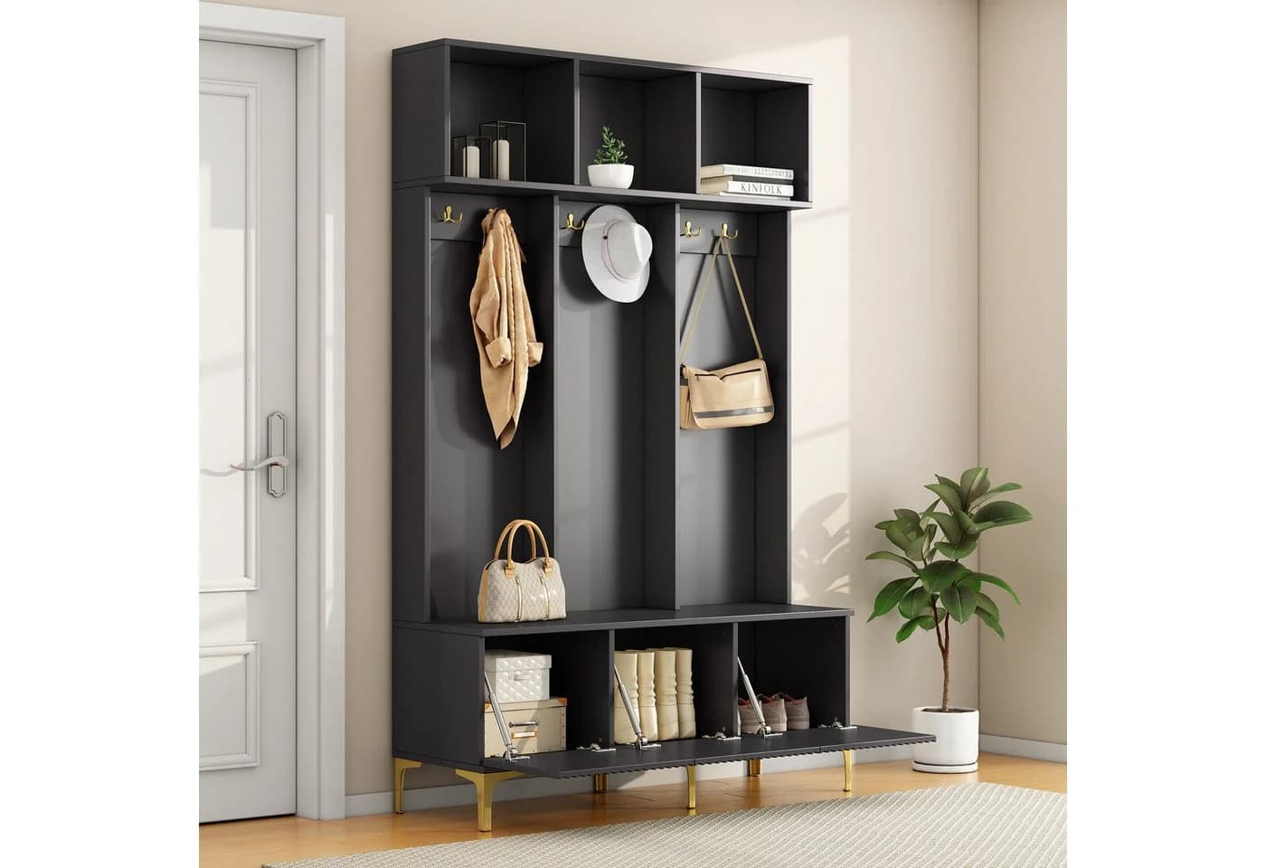 OKWISH Garderoben-Set Schwarz mit Sitzbank und 6 Haken - Bild 3