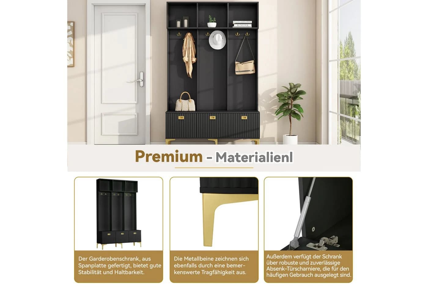 OKWISH Garderoben-Set Schwarz mit Sitzbank und 6 Haken - Bild 5