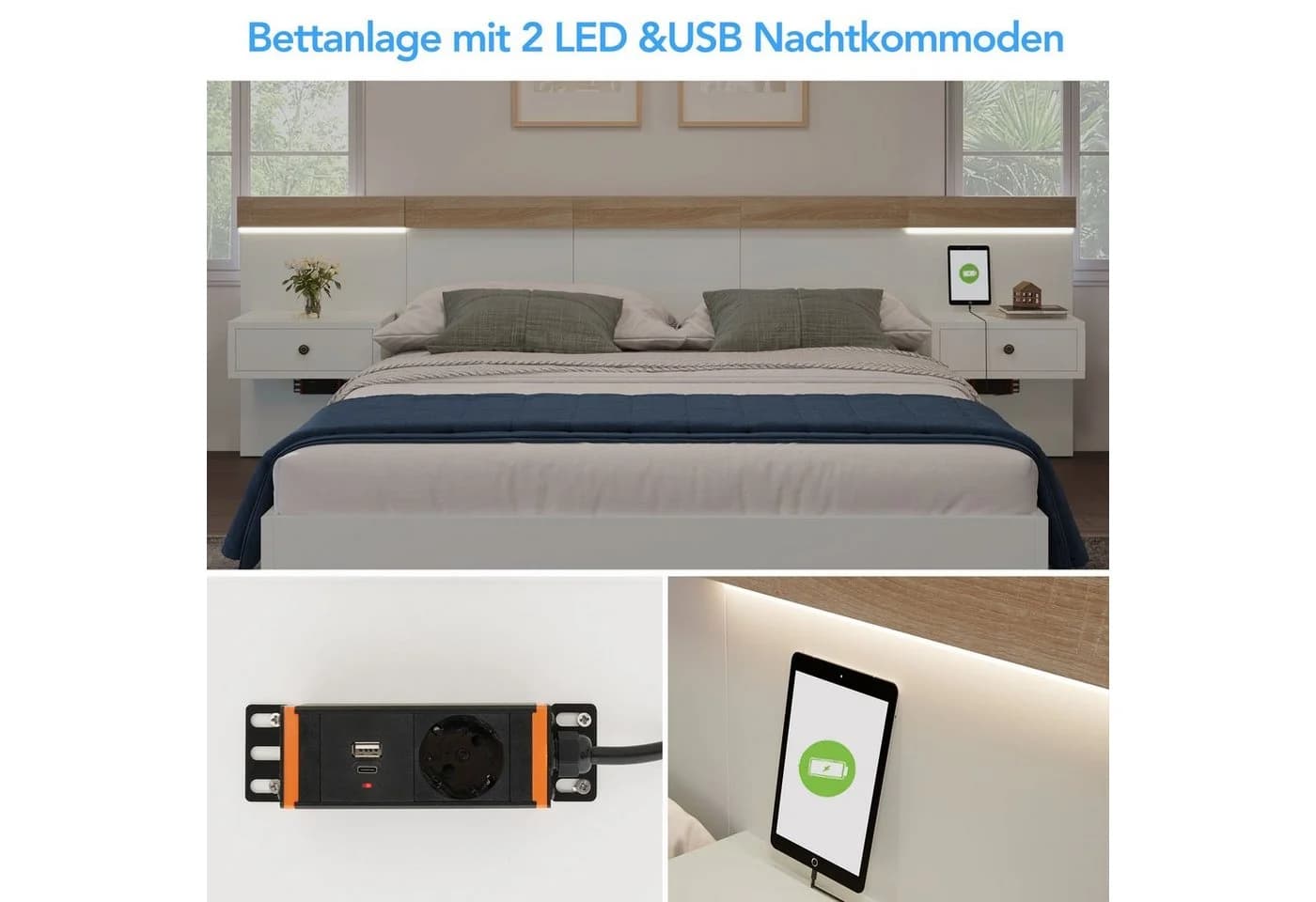 REDOM Doppelbett mit LED-Nachttischen und Steckdosen - Bild 4