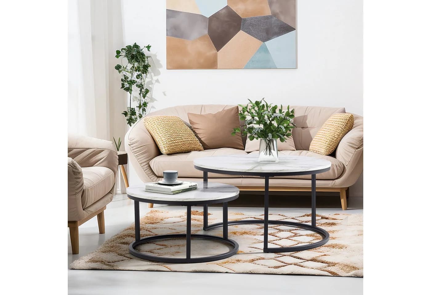 OKWISH 2-teiliges Couchtisch-Set Weiß Marmor Eisenrahmen
