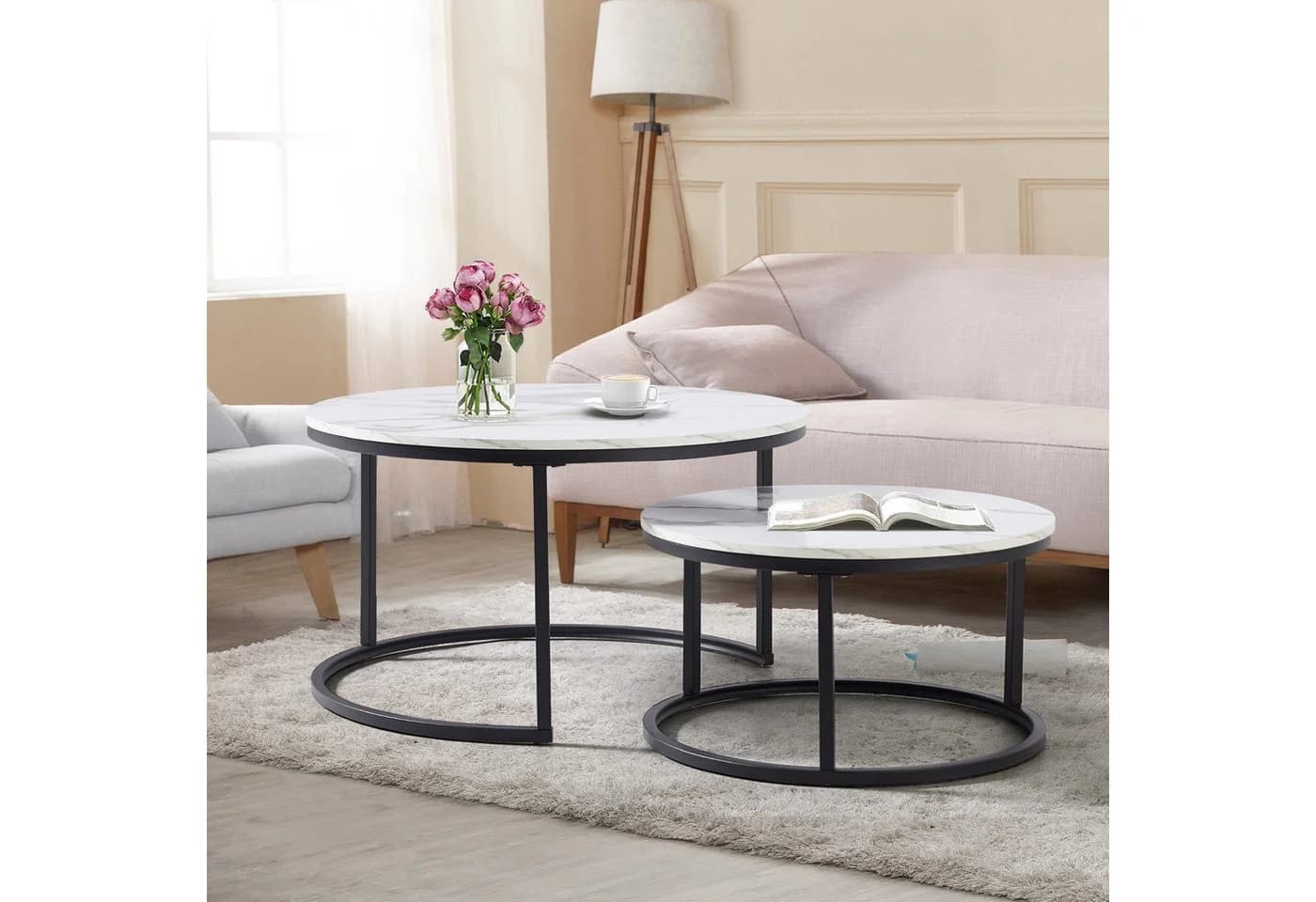 OKWISH 2-teiliges Couchtisch-Set Weiß Marmor Eisenrahmen - Bild 3