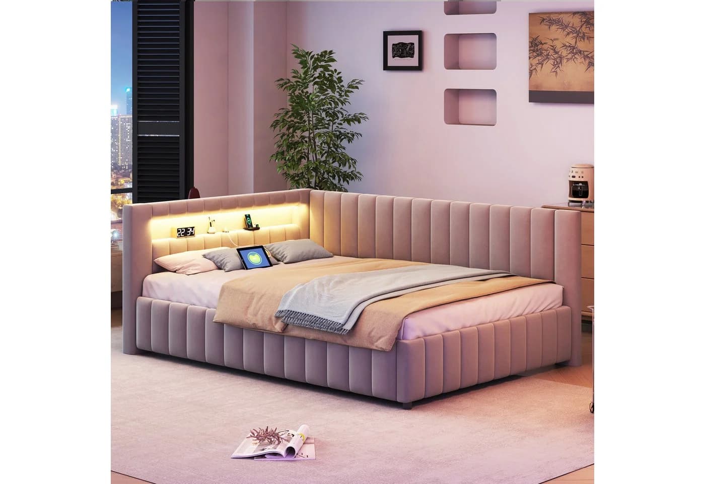 MODFU Polsterbett L-förmig Grau mit LED-Licht und USB-Anschluss - Bild 2
