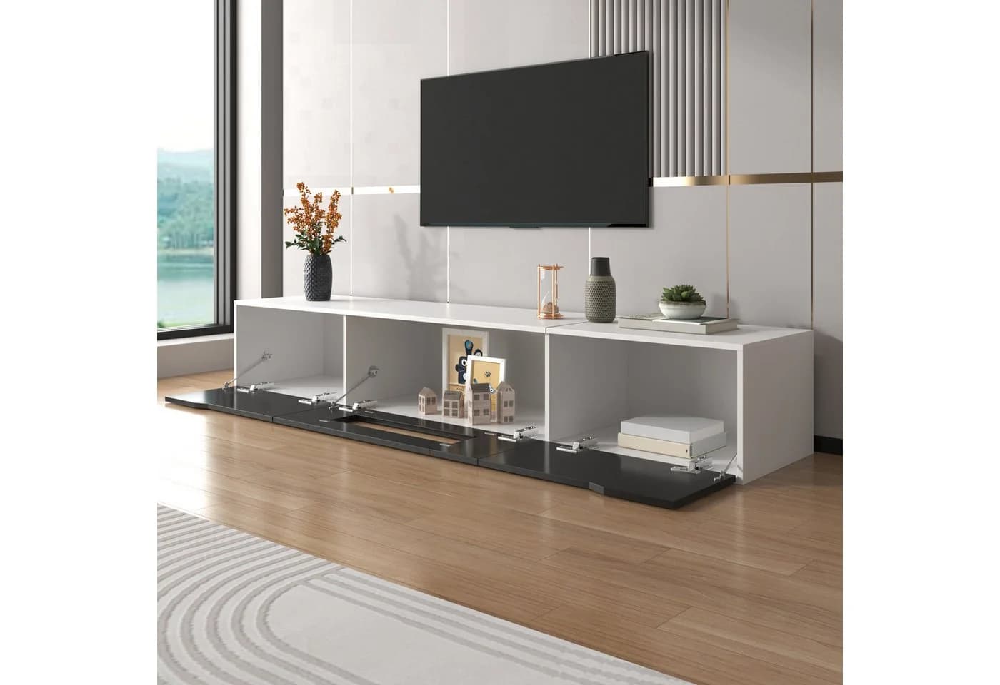 OKWISH TV-Schrank 180 cm Schwarz Weiß Hochglanz LED