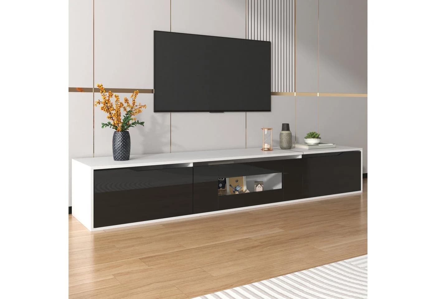 OKWISH TV-Schrank 180 cm Schwarz Weiß Hochglanz LED - Bild 2