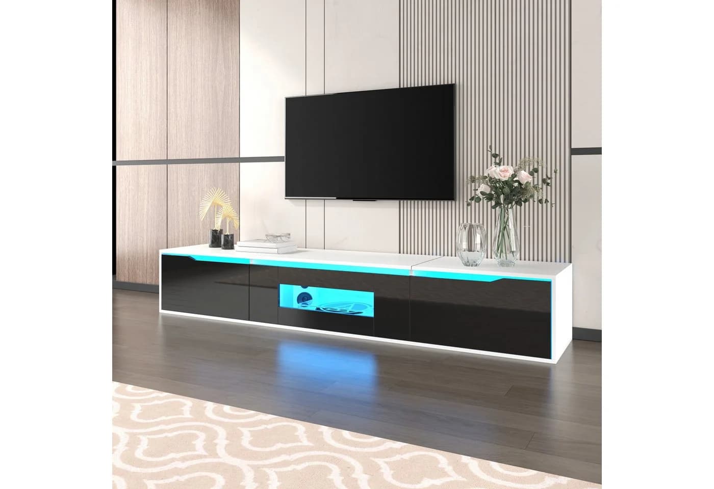 OKWISH TV-Schrank 180 cm Schwarz Weiß Hochglanz LED - Bild 4