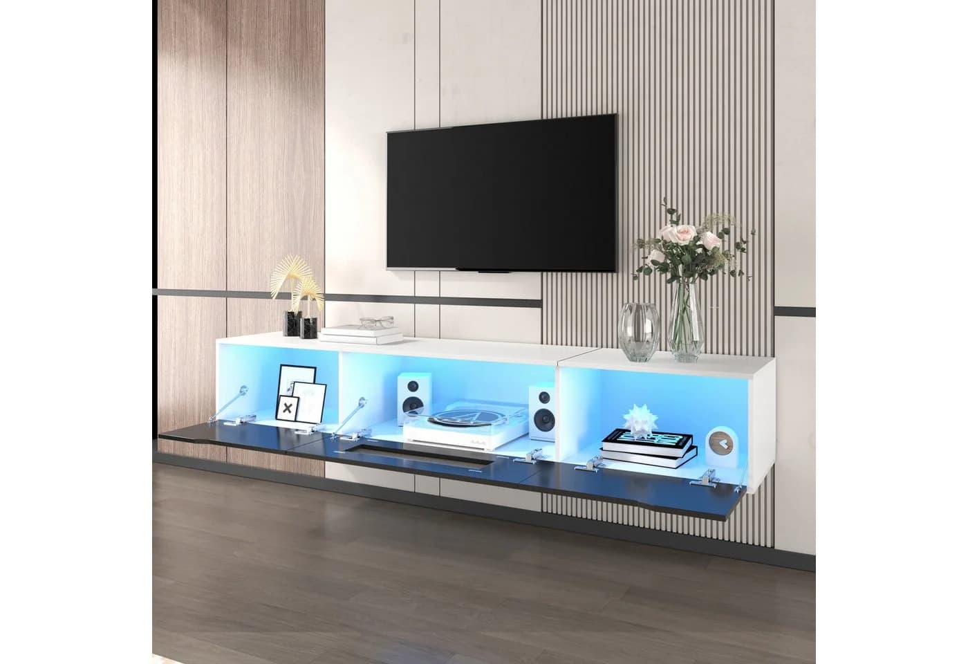 OKWISH TV-Schrank 180 cm Schwarz Weiß Hochglanz LED - Bild 5