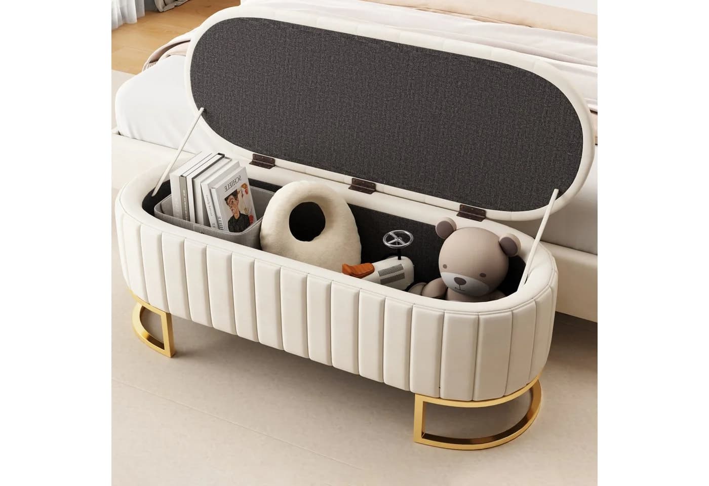 MODFU Polsterbank mit Stauraum und Samtpolsterung Beige