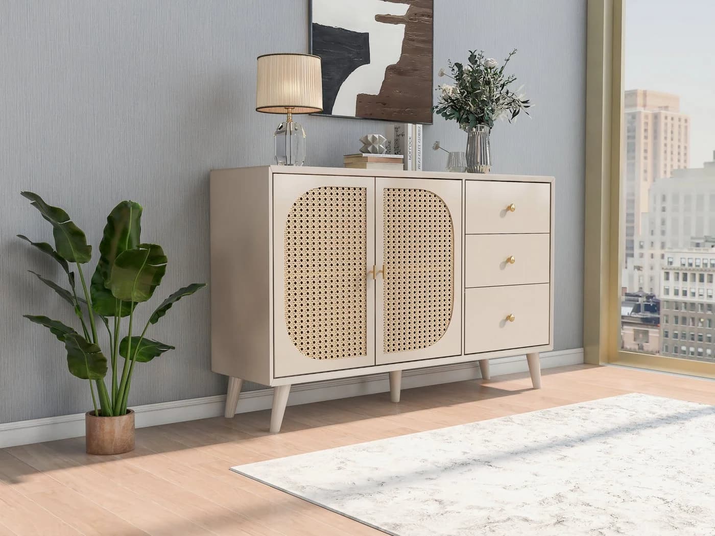 MODFU Sideboard Weiß mit Rattan und 3 Schubladen - Bild 3