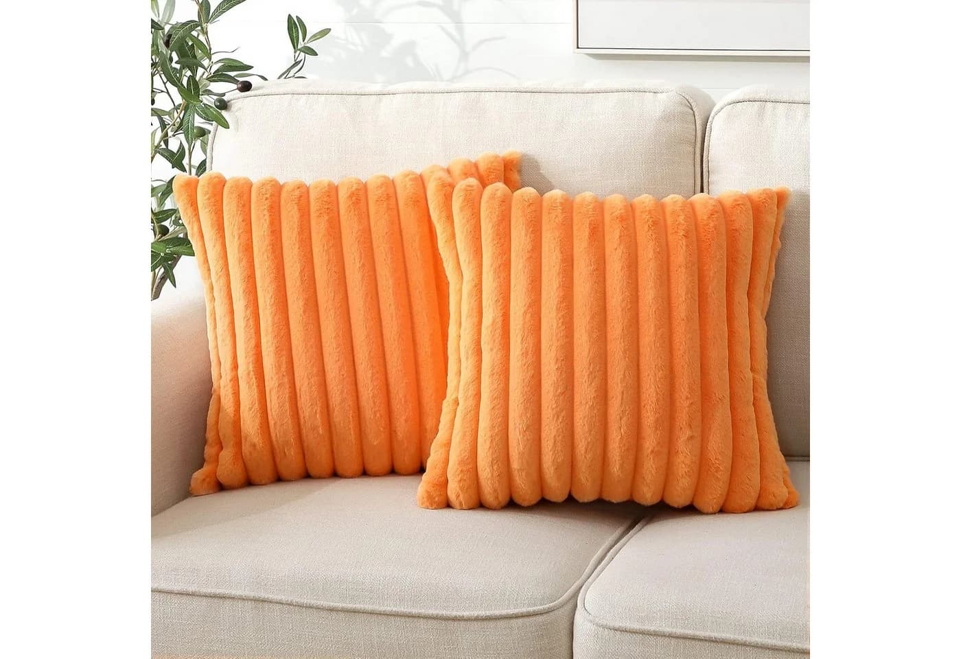 OKWISH Kissenbezüge 2er Set Orange Kunstfell Plüsch - Bild 4