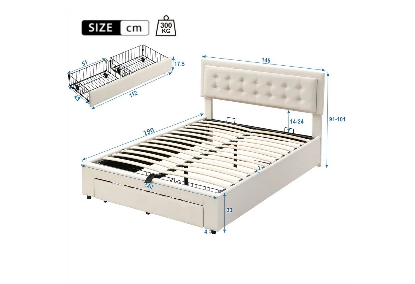 OKWISH Polsterbett 140x190 mit Stauraum und Lattenrost - Bild 3