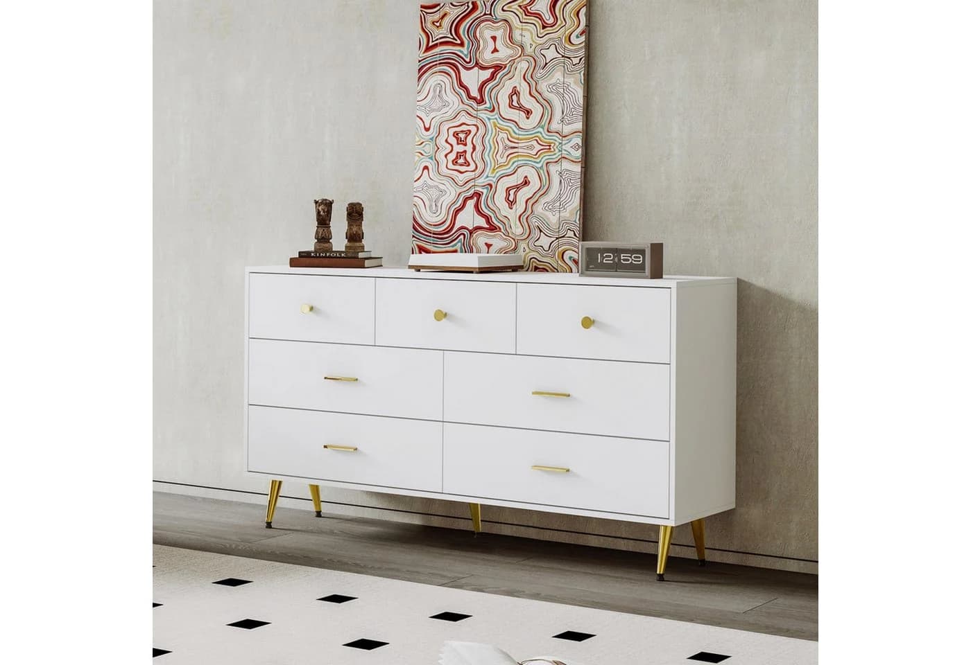HAUSS SPOLE Sideboard 7 Schubladen Goldene Griffe Goldene Beine Weiß