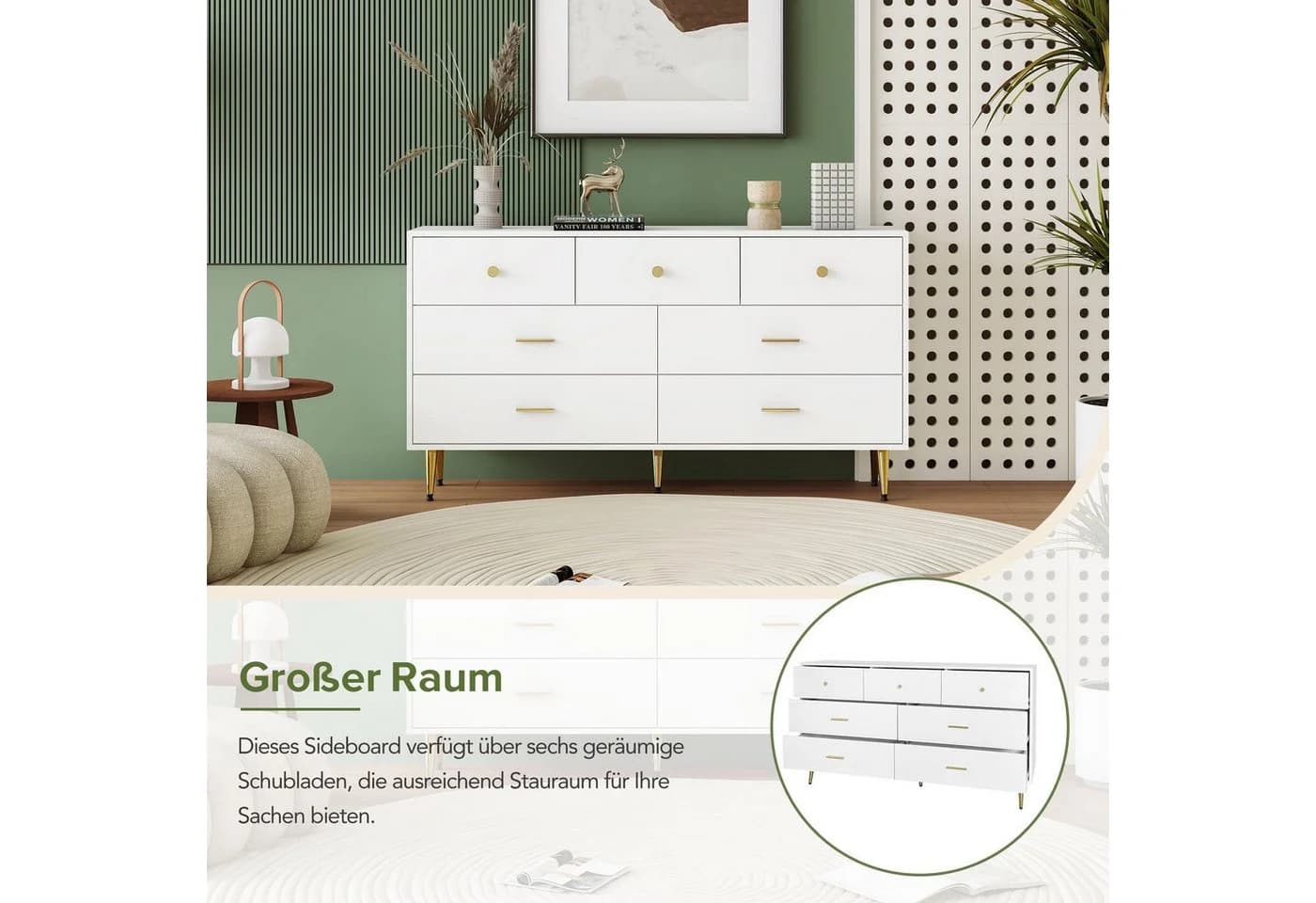 HAUSS SPOLE Sideboard 7 Schubladen Goldene Griffe Goldene Beine Weiß - Bild 3