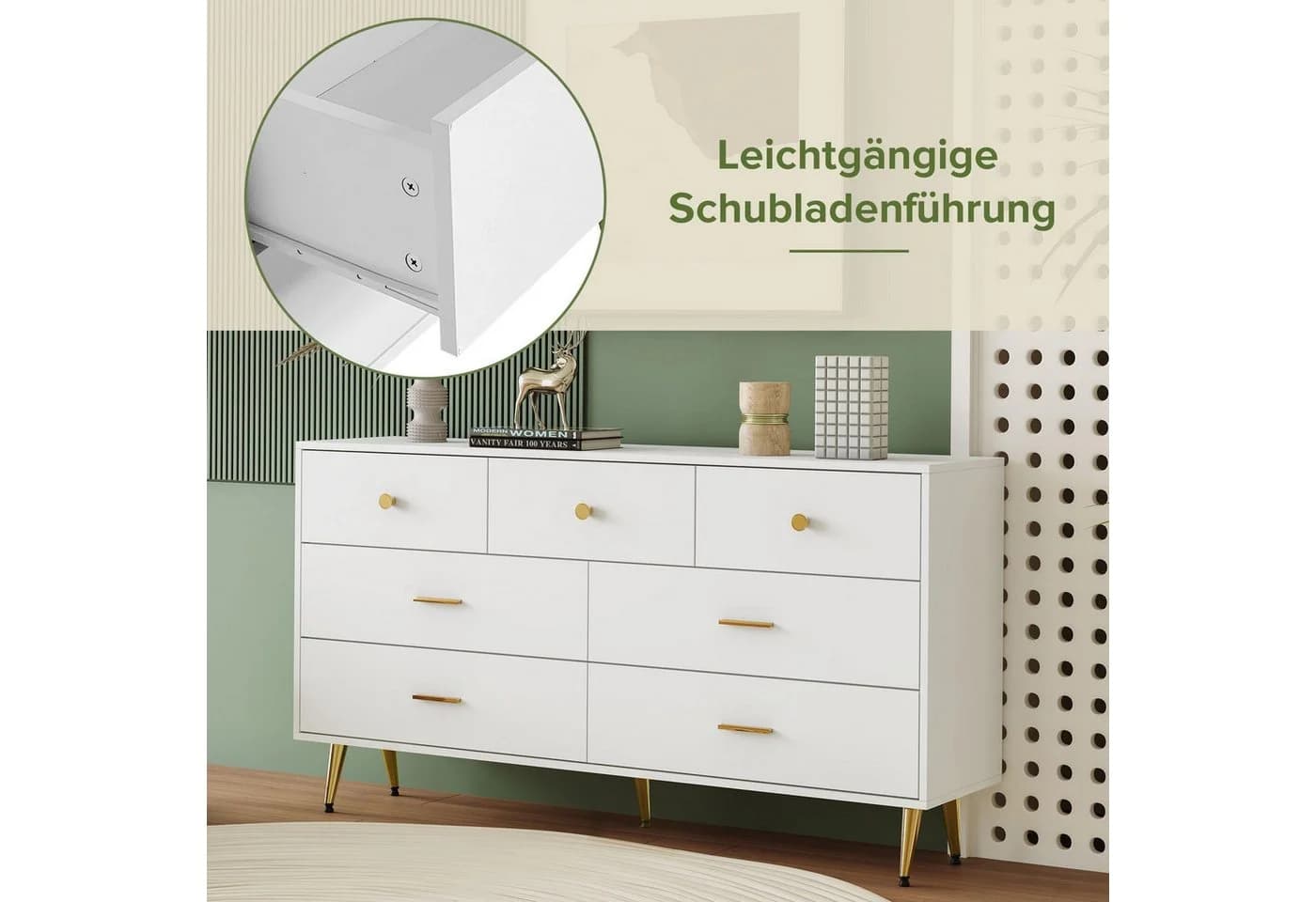 HAUSS SPOLE Sideboard 7 Schubladen Goldene Griffe Goldene Beine Weiß - Bild 4