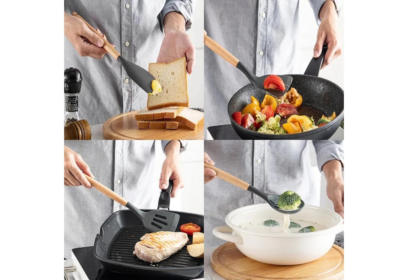 OKWISH Kochbesteck-Set 12-tlg. Silikon & Holz Grau - Bild 3