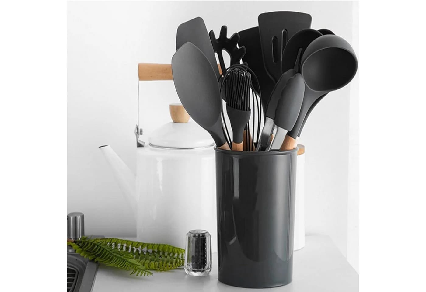OKWISH Kochbesteck-Set 12-tlg. Silikon & Holz Grau - Bild 5