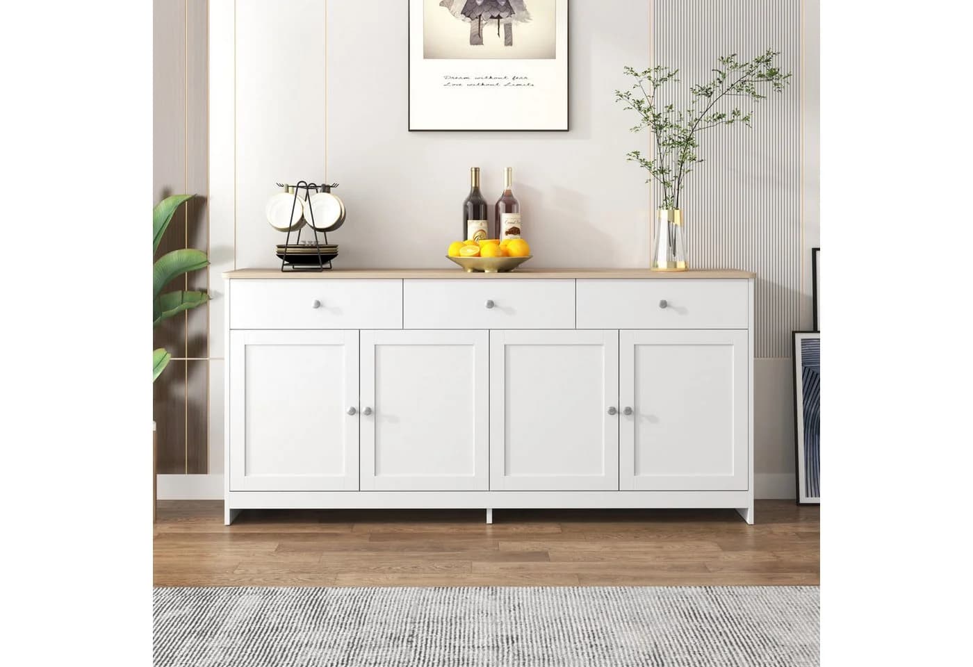 MODFU Sideboard Landhausstil 160cm Weiß Eiche-Nachbildung
