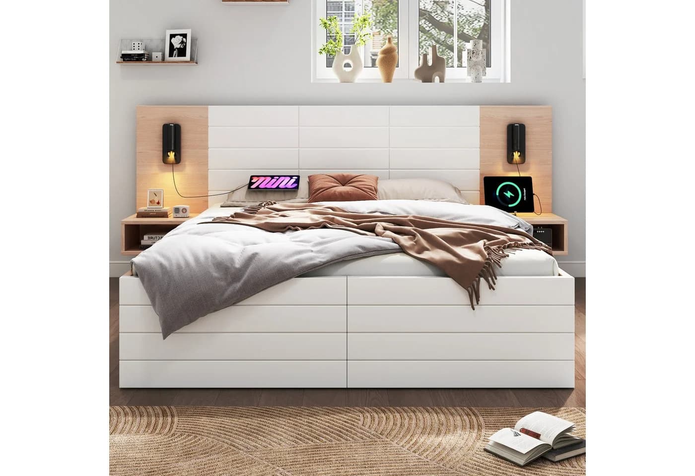 OKWISH Polsterbett mit Stauraum und USB-Ladefunktion Weiß
