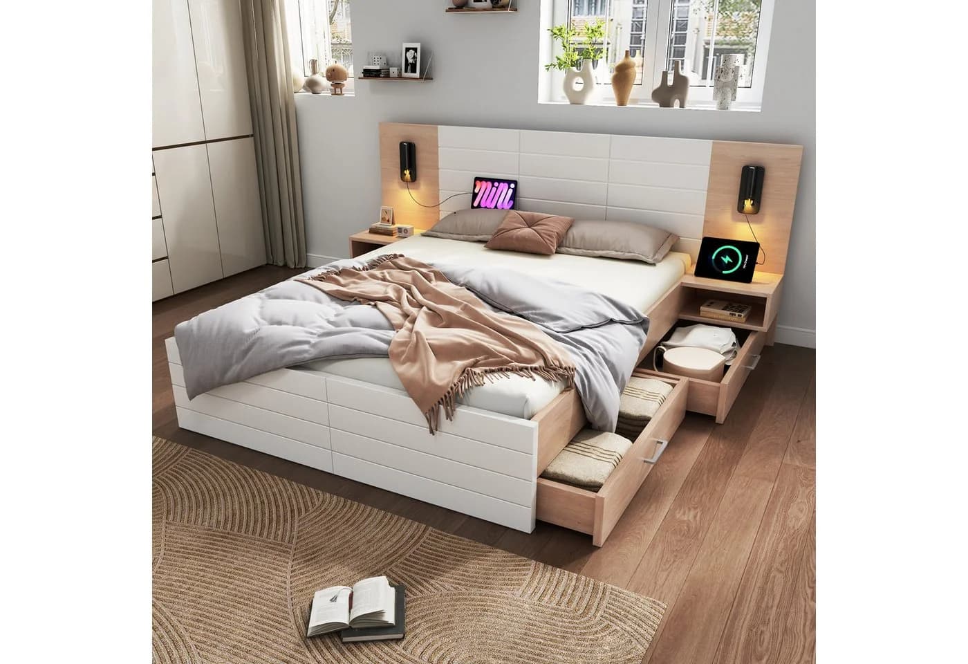 OKWISH Polsterbett mit Stauraum und USB-Ladefunktion Weiß - Bild 2