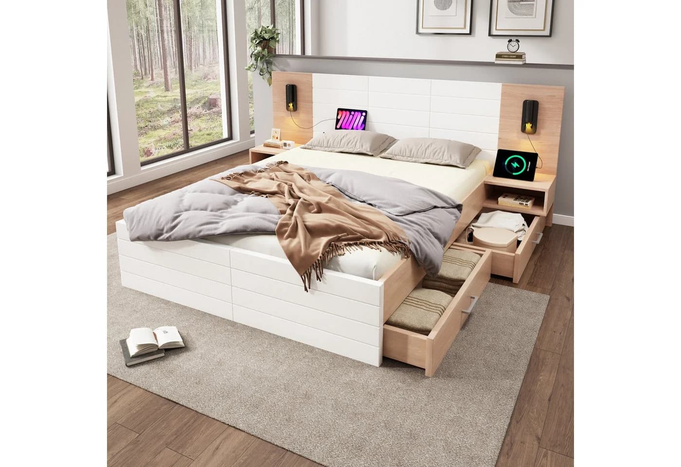 OKWISH Polsterbett mit Stauraum und USB-Ladefunktion Weiß - Bild 3