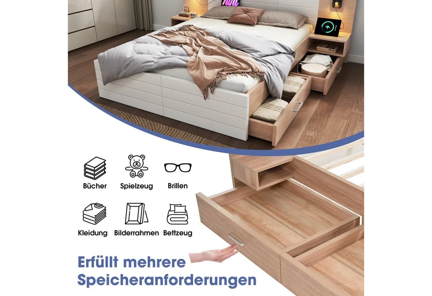 OKWISH Polsterbett mit Stauraum und USB-Ladefunktion Weiß - Bild 4