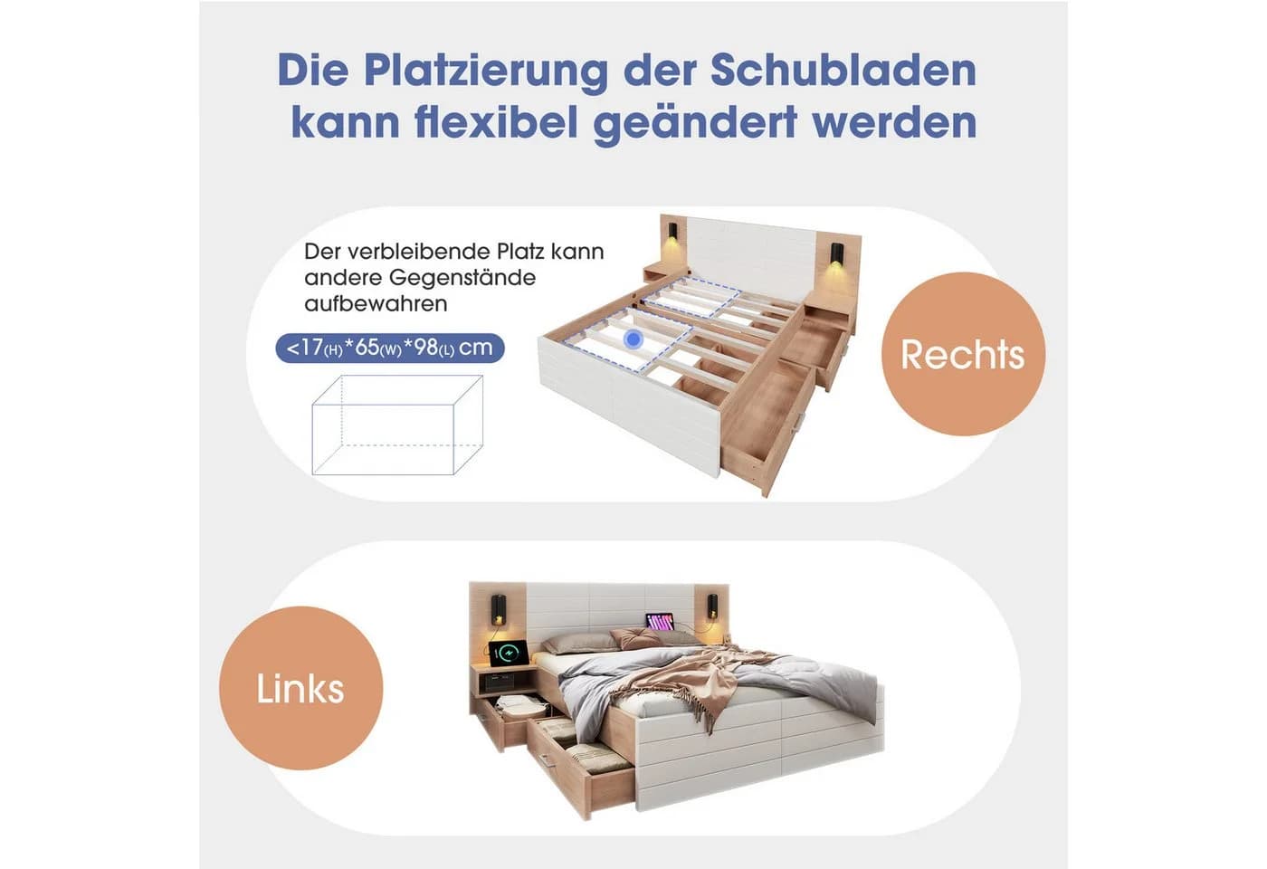 OKWISH Polsterbett mit Stauraum und USB-Ladefunktion Weiß - Bild 5
