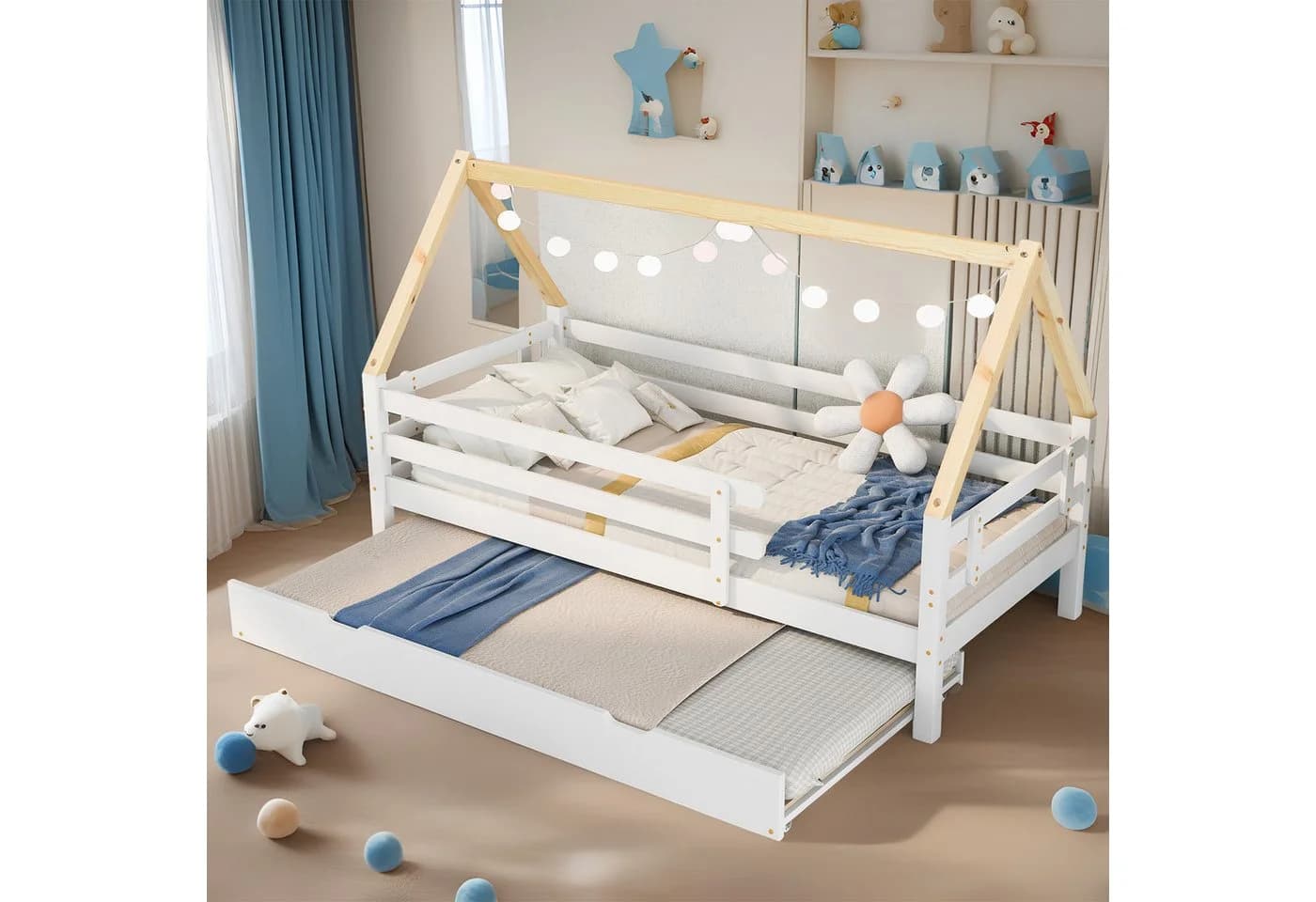 REDOM Kinderbett mit Ausziehbett Weiß Naturholz - Bild 2
