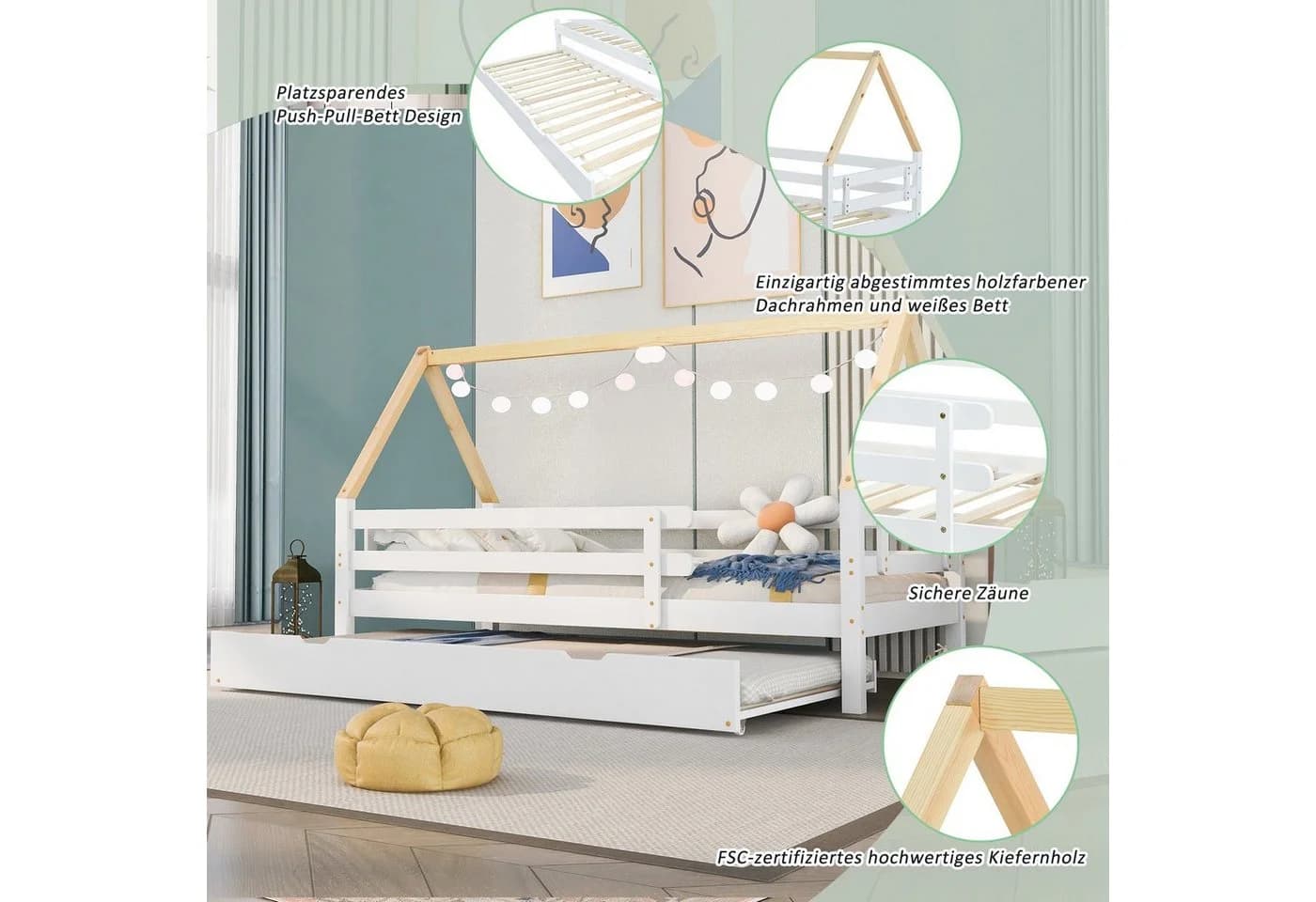 REDOM Kinderbett mit Ausziehbett Weiß Naturholz - Bild 3