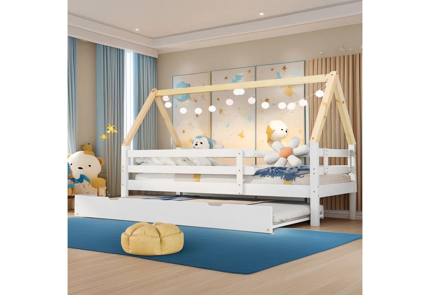 REDOM Kinderbett mit Ausziehbett Weiß Naturholz - Bild 4