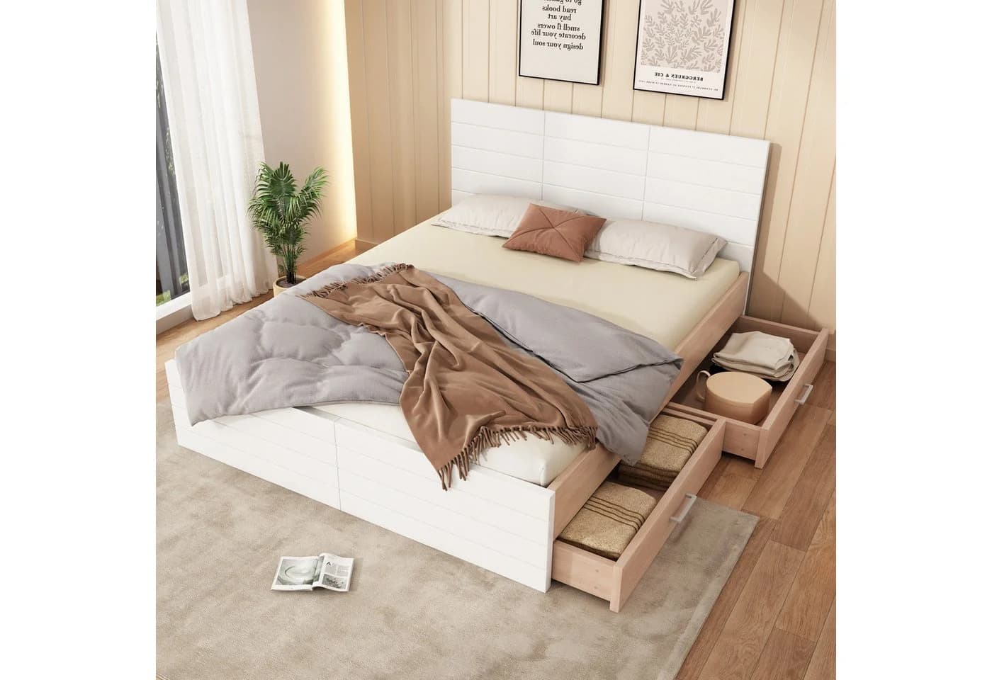 REDOM Polsterbett mit Stauraum und 2 Schubladen Weiß Eiche - Bild 3