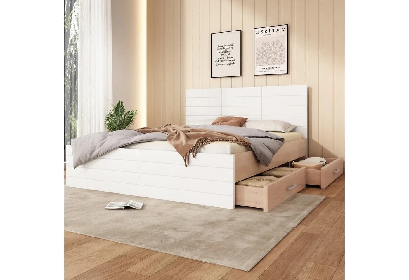 REDOM Polsterbett mit Stauraum und 2 Schubladen Weiß Eiche - Bild 4