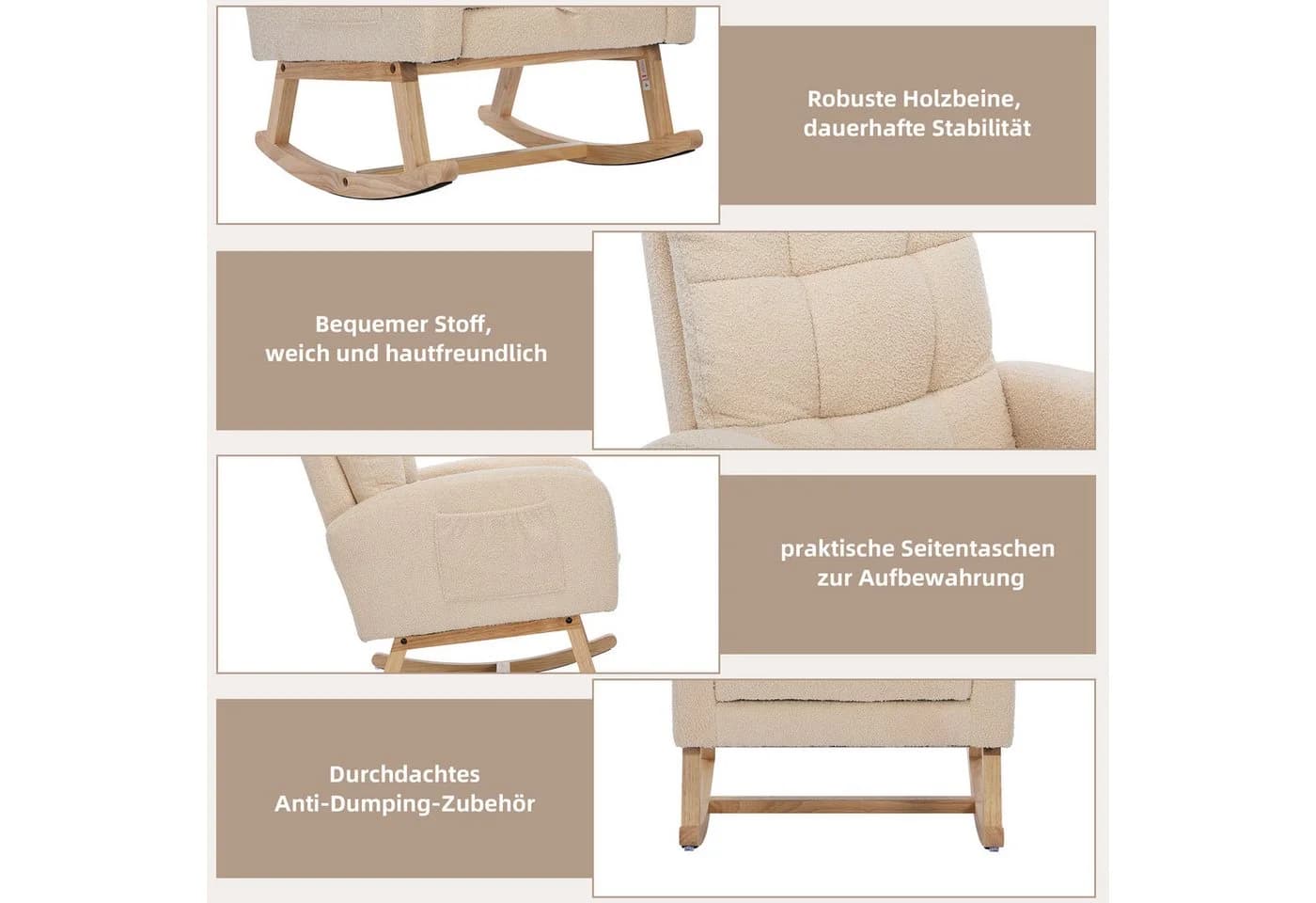 OKWISH Schaukelstuhl mit Seitentasche und Massivholzbeinen - Bild 5