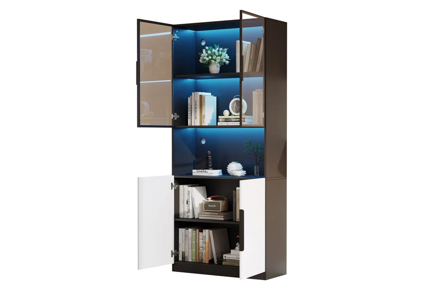 MODFU Vitrine 4 Türen Weiß/Schwarz mit LED-Beleuchtung und Glastüren - Bild 2