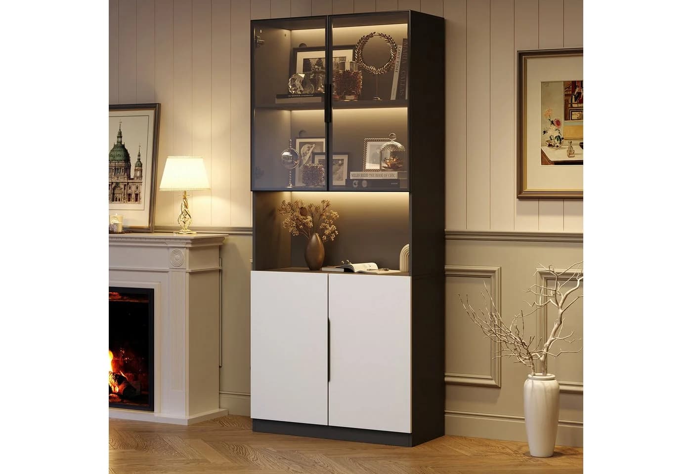 MODFU Vitrine 4 Türen Weiß/Schwarz mit LED-Beleuchtung und Glastüren - Bild 3