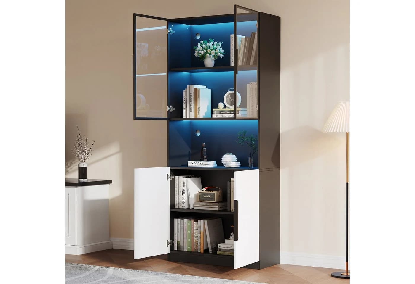 MODFU Vitrine 4 Türen Weiß/Schwarz mit LED-Beleuchtung und Glastüren - Bild 4