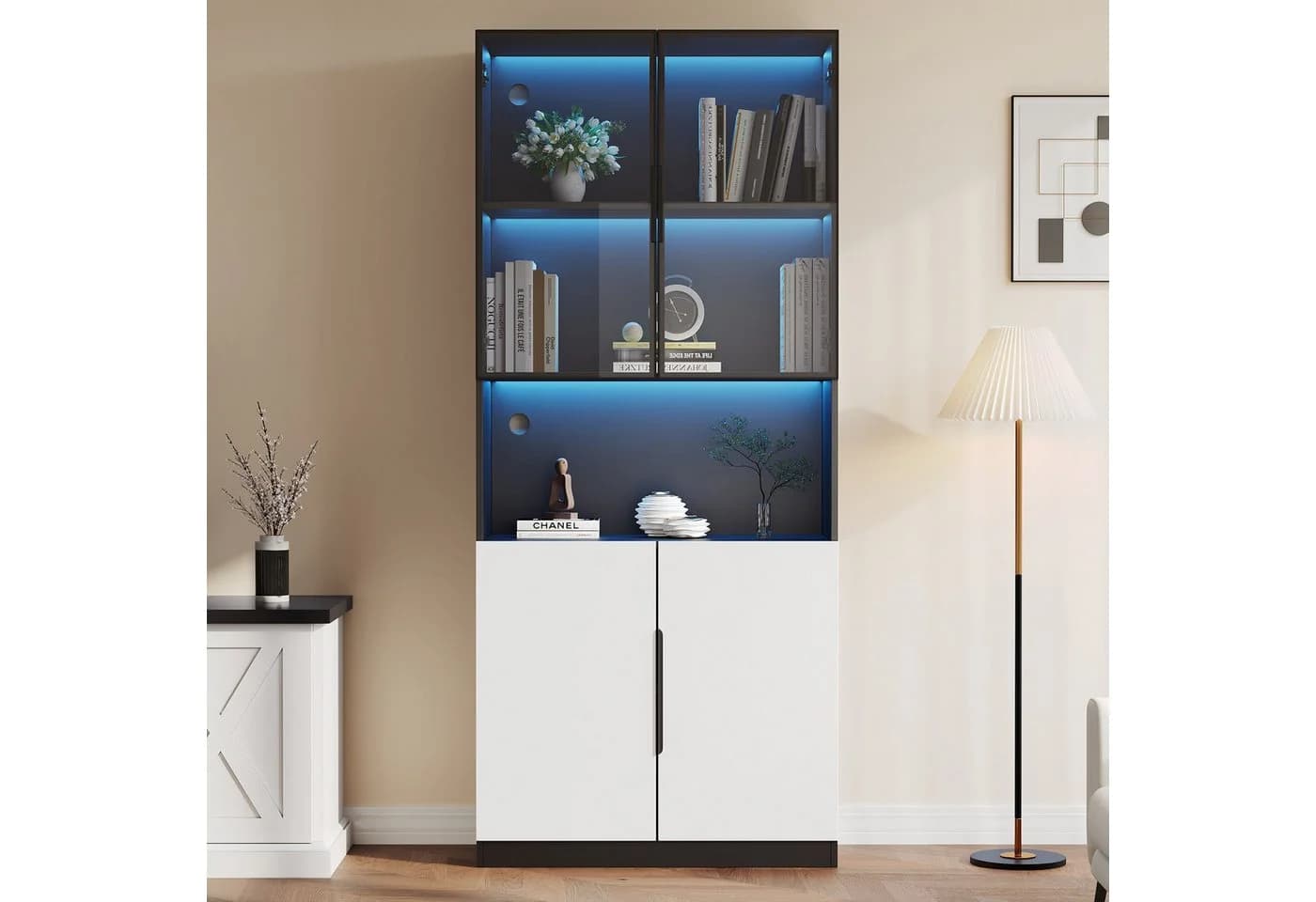 MODFU Vitrine 4 Türen Weiß/Schwarz mit LED-Beleuchtung und Glastüren - Bild 5