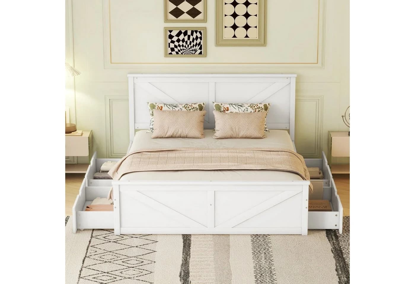 OKWISH Funktionsbett mit Schubladen Weiß Holz - Bild 1