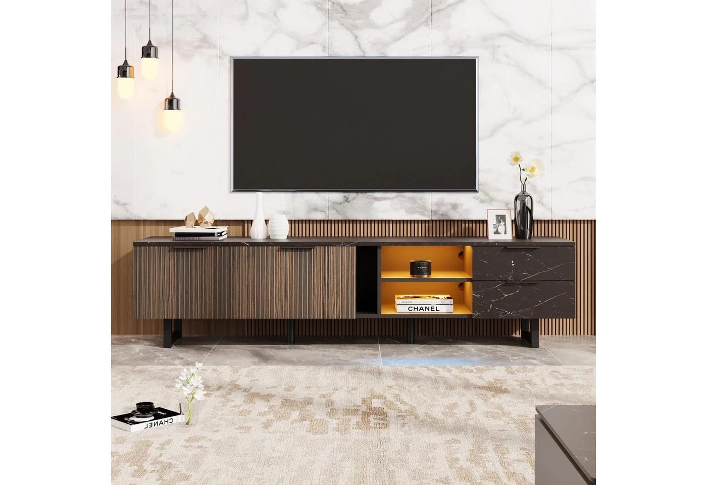 MODFU TV-Schrank Schwarz Marmoroptik LED-Beleuchtung - Bild 2