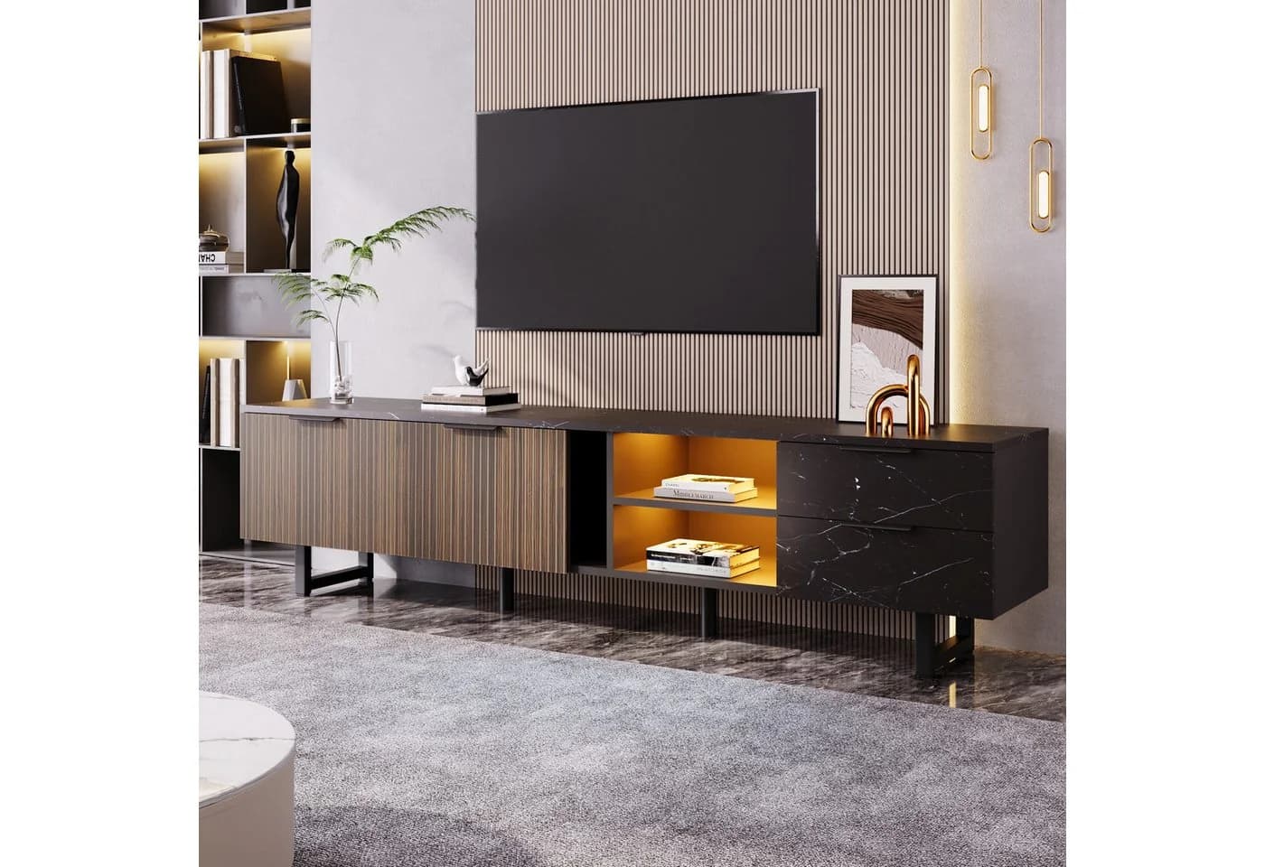 MODFU TV-Schrank Schwarz Marmoroptik LED-Beleuchtung - Bild 4