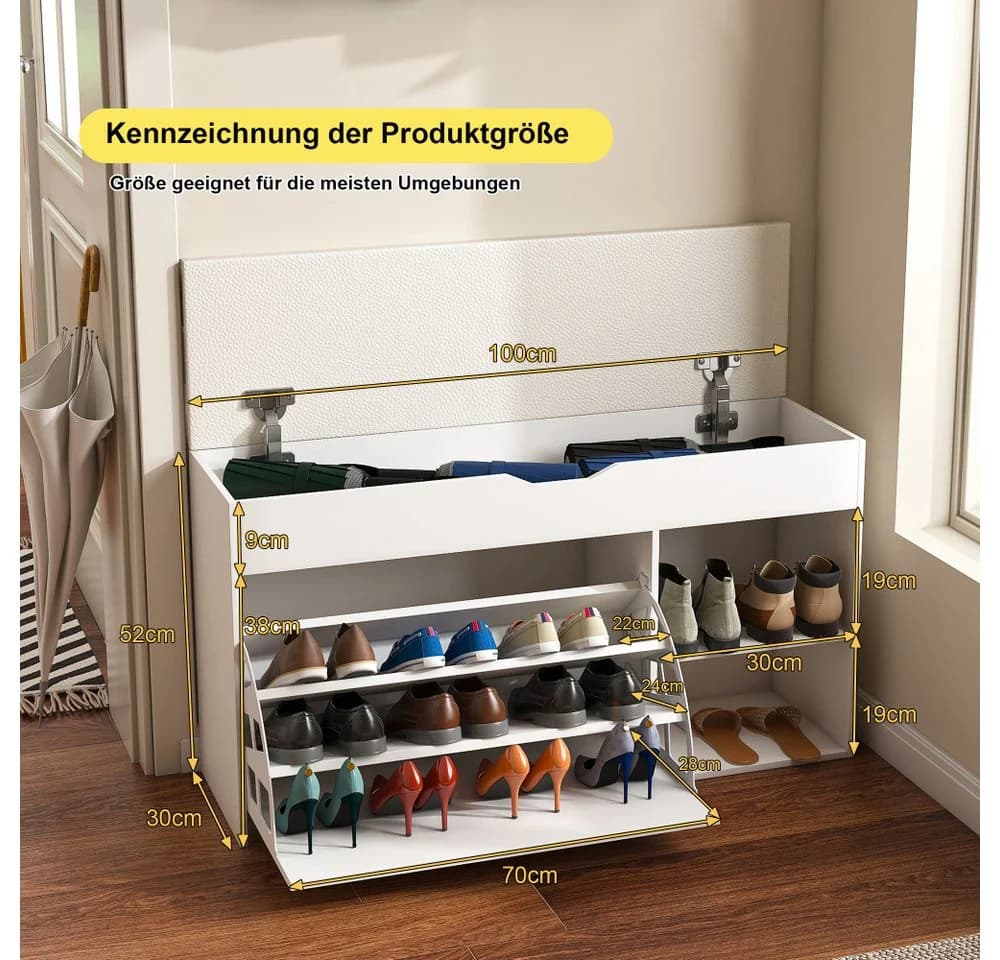 BBWL Schuhbank 100cm mit Stauraum und Sitzkissen Weiß - Bild 5