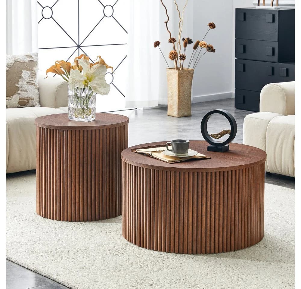BBWL 2-teiliges Couchtisch Set Rund Walnussholz MDF Stauraum - Bild 2