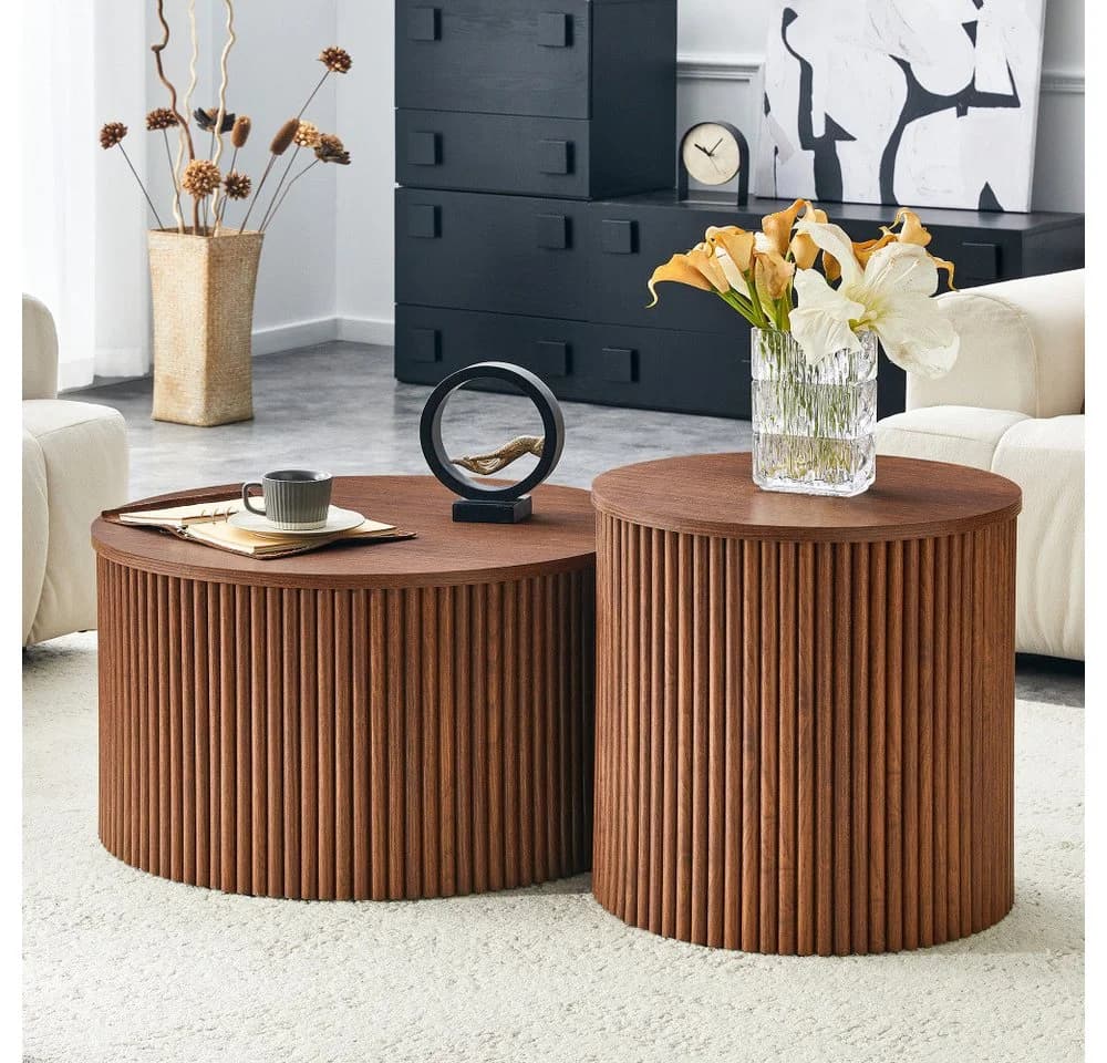 BBWL 2-teiliges Couchtisch Set Rund Walnussholz MDF Stauraum - Bild 3