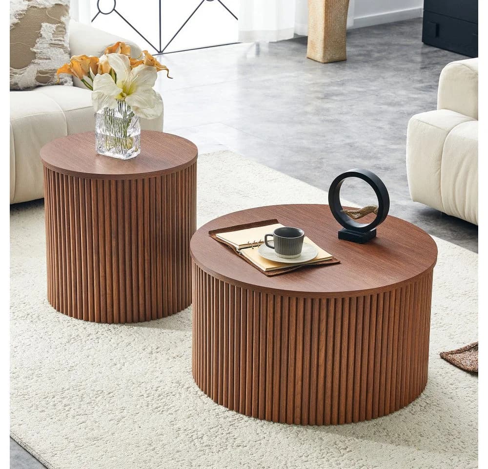 BBWL 2-teiliges Couchtisch Set Rund Walnussholz MDF Stauraum - Bild 5