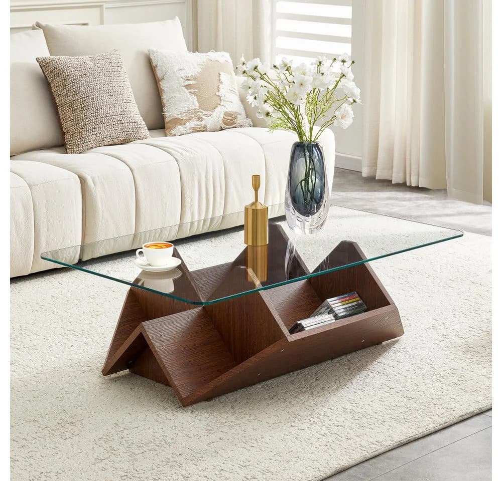 BBWL Couchtisch Modern mit Glasplatte & Stauraum Walnuss - Bild 2