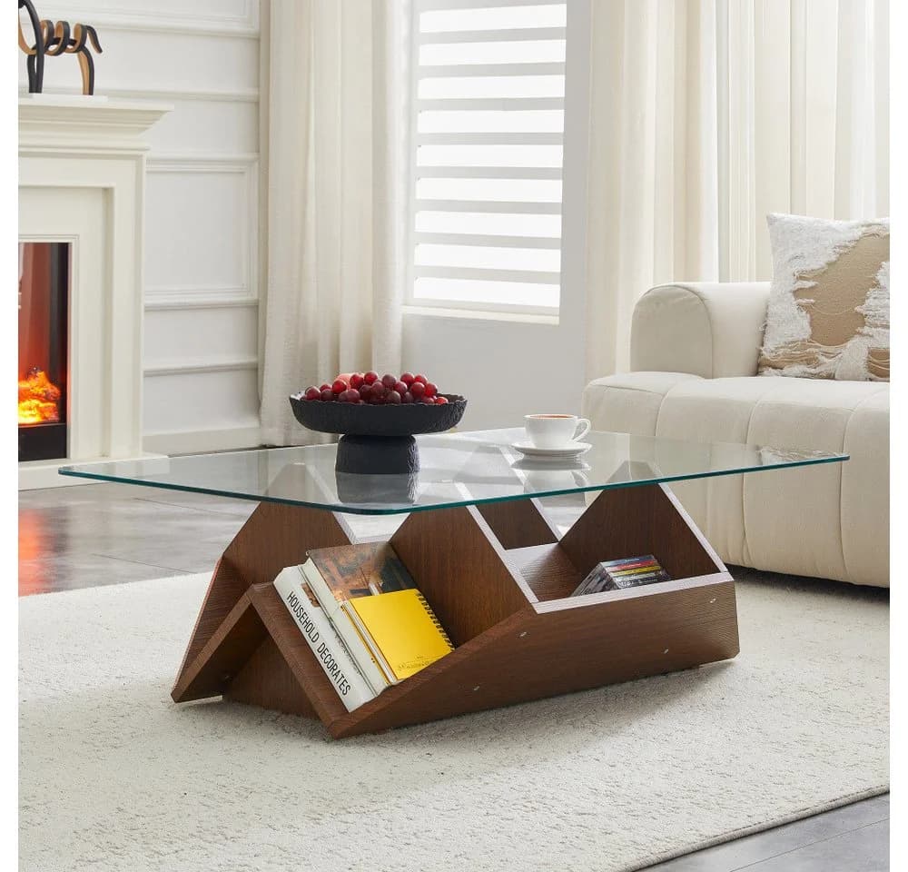 BBWL Couchtisch Modern mit Glasplatte & Stauraum Walnuss - Bild 3