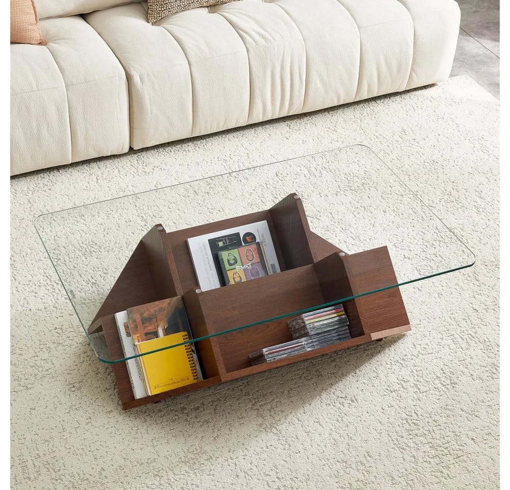 BBWL Couchtisch Modern mit Glasplatte & Stauraum Walnuss - Bild 4