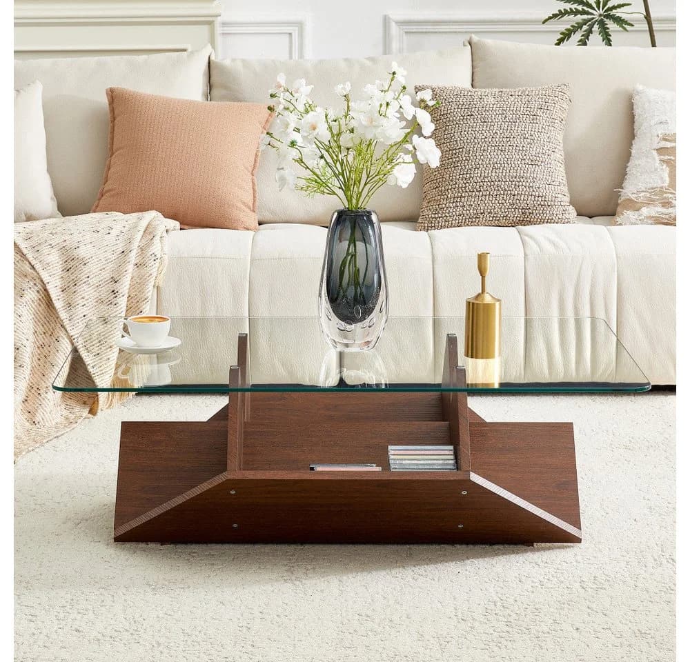 BBWL Couchtisch Modern mit Glasplatte & Stauraum Walnuss - Bild 5