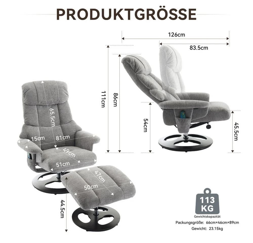 BBWL Massagesessel Grau mit Liegefunktion, Massage, Wärmefunktion & Hocker - Bild 3